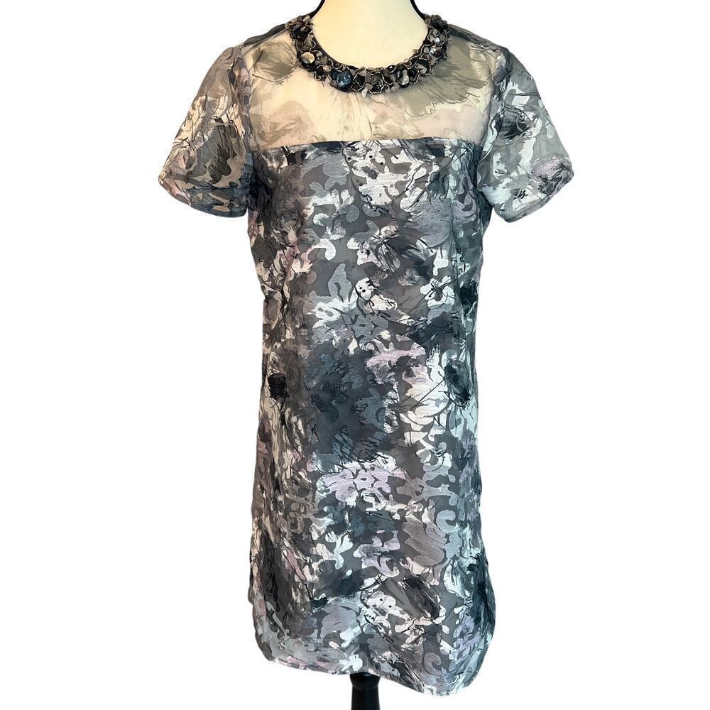 Belle Badgley Mischka Kristin Black Gray Shift Dress Polished Stone Neck Size 4